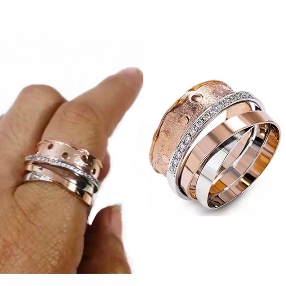 NEW Rose Gold & Silver Colored 2-Tone Multilayer Wide Ring - Picture 7 of 9